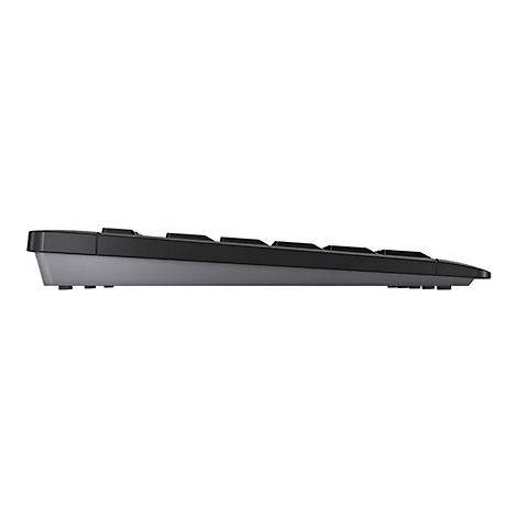 Draufsicht auf eine schwarze Tastatur mit grauem Unterteil. Die Tasten sind erkennbar. Die Tastatur ist leicht angewinkelt.