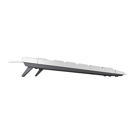 Draufsicht auf eine weiÃŸe Computertastatur mit grauer Unterseite und ausgeklappten StÃ¤ndern.