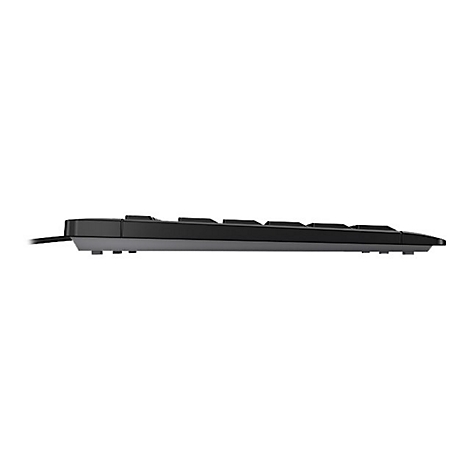 Schwarze Tastatur, Seitenansicht. Flaches Design, minimalistisch. Kabelanschluss sichtbar.