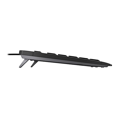 Schwarze Tastatur, Seitenansicht. Die Tastatur ist leicht angewinkelt. Kabel am Ende.