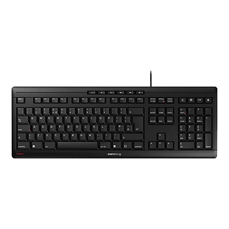 Schwarze Tastatur mit Kabel, Buchstaben und Zahlen. Cherry-Logo unten.