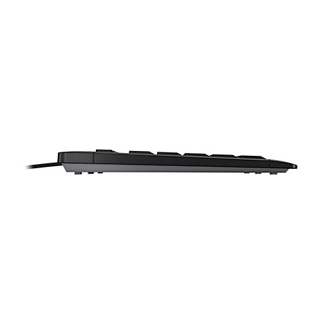 Schwarze Tastatur von der Seite, graue Basis, Kabelanschluss.