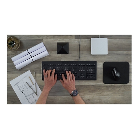 Draufsicht: Hände über Tastatur, mit Uhr, Plänen, Maus, Pflanzen und schwarzem Würfel auf Holz. Büroarbeit, Design, Architektur.