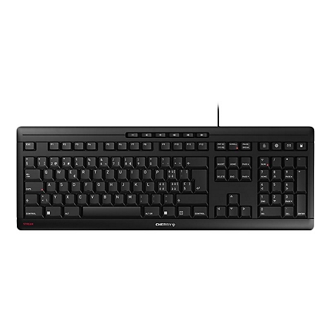 Schwarze Tastatur mit weißer Beschriftung und rotem Akzent. Buchstaben, Zahlen und Funktionstasten sind erkennbar.