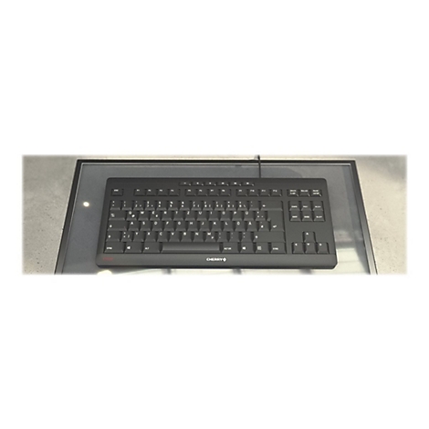 Schwarze Tastatur auf einer Glasplatte, das Cherry-Logo ist sichtbar.
