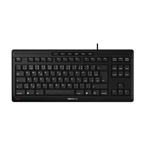 Schwarze Cherry-Tastatur mit weiÃŸen Buchstaben, Kabel und Cherry-Logo.