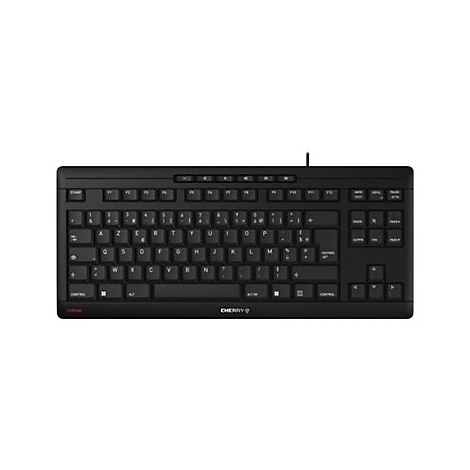 Schwarze Tastatur mit Buchstaben und Zahlen. Das Logo von Cherry ist unten rechts zu sehen.