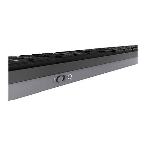 Nahaufnahme einer schwarzen Tastatur. Der Ein-/Aus-Schalter und eine Statusanzeige sind zu sehen.