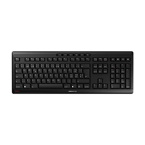 Schwarze Tastatur mit vielen Tasten auf weiÃŸem Hintergrund.