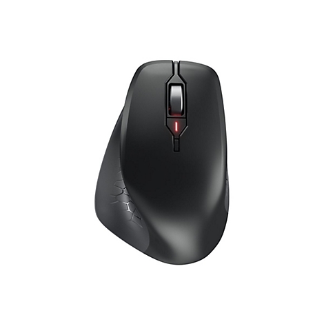 Schwarze ergonomische Maus. Auf der Oberseite befindet sich ein Scrollrad und eine rote LED. Die linke Seite hat ein Wabenmuster.