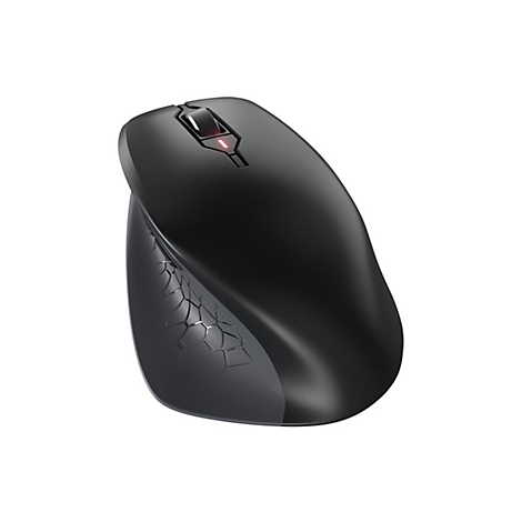 Schwarze ergonomische Maus mit rotem Licht auf weiÃŸem Hintergrund.