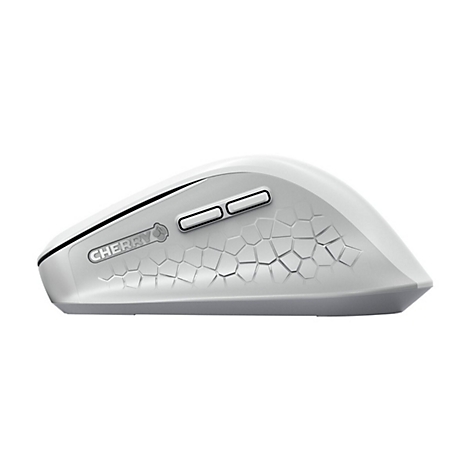 Vue de profil d'une souris d'ordinateur blanche. Avec le logo CHERRY, deux boutons et une surface texturÃ©e.