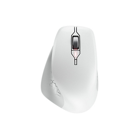 Souris ergonomique blanche avec molette de dÃ©filement et boutons supplÃ©mentaires. Sur fond blanc.