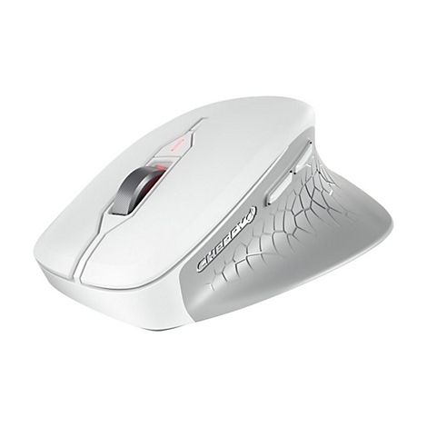 Souris ergonomique blanche avec un accent gris, une molette et deux boutons. L'inscription 'CHERRY' est visible.