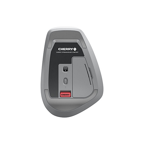 Graue ergonomische Maus von Cherry. Auf der Maus befindet sich der Schriftzug CHERRY und STREAM MOUSE COMFORT.