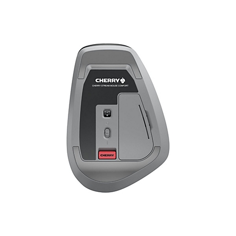 Draufsicht auf eine graue, ergonomische Maus. Darauf steht in weißer Schrift "CHERRY".