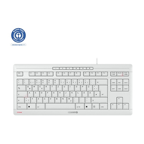 Weisse Tastatur, Blaue Engel-Logo, Tastenbeschriftung in Schwarz.