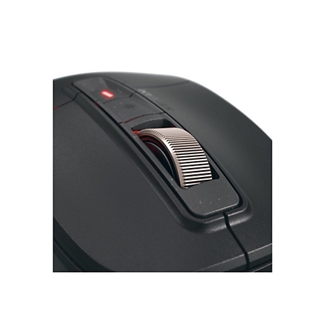 Nahaufnahme einer schwarzen Maus. Das Mausrad ist silberfarben geriffelt und ein rotes Licht leuchtet.