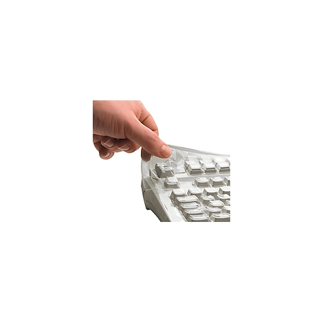 Nahaufnahme einer Hand, die eine transparente Tastaturabdeckung anhebt.