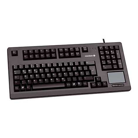 Schwarze Cherry-Tastatur mit integriertem Touchpad. Auf der Tastatur befinden sich Buchstaben, Zahlen und Sonderzeichen.