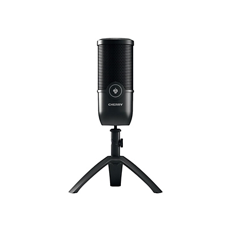 Schwarzes Mikrofon auf Dreibeinstativ, mit Cherry-Logo. Die Mikrofonkapsel ist zylindrisch, gelocht.