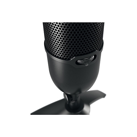 Nahaufnahme eines schwarzen Mikrofons. Der Mikrofonkopf hat ein wabenförmiges Muster, darunter befinden sich Knöpfe und ein Kopfhörersymbol.