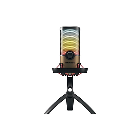 Mikrofon in Bronze mit farbiger Gitterabdeckung auf schwarzem Ständer. Das Mikrofon ist mit CHERRY beschriftet.