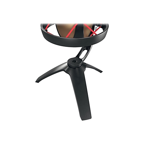 Schwarzes Mikrofon auf einem Stativ, Nahaufnahme. Rote Kabel im Mikrofonkorb.