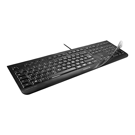 Clavier noir avec housse de protection transparente, Cherry KC 1000. Les lettres et les symboles sont reconnaissables.