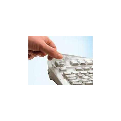 Eine Hand berührt eine transparente Tastaturabdeckung auf einer Computer-Tastatur.