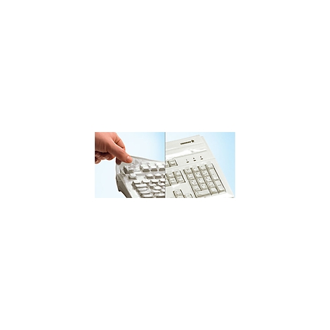 Eine Hand zieht Folie von einer Tastatur ab, rechts daneben Tastatur in Folie.