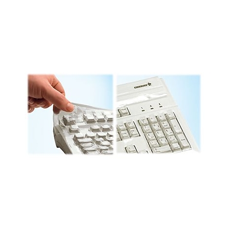 Hand zieht eine transparente Schutzfolie von einer hellgrauen Cherry-Tastatur ab.