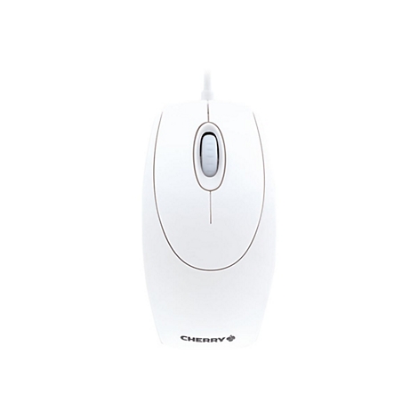 Souris d'ordinateur blanche avec câble. Molette de défilement et logo Cherry.