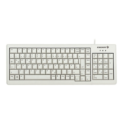 Beige Cherry-Tastatur mit deutschem Layout vor weißem Hintergrund.