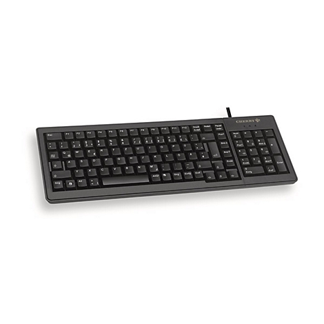 Schwarze Cherry-Tastatur mit deutschem QWERTZ-Layout auf weißem Hintergrund.