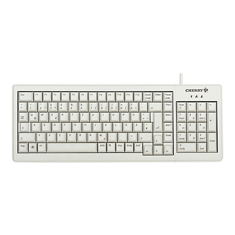 Weiße kabelgebundene Cherry-Tastatur mit deutschem QWERTZ-Layout und Ziffernblock auf weißem Hintergrund.