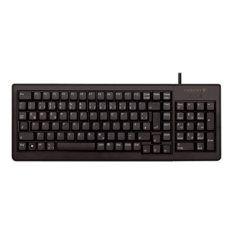 Schwarze kabelgebundene Cherry QWERTZ-Tastatur mit Ziffernblock auf weißem Hintergrund.
