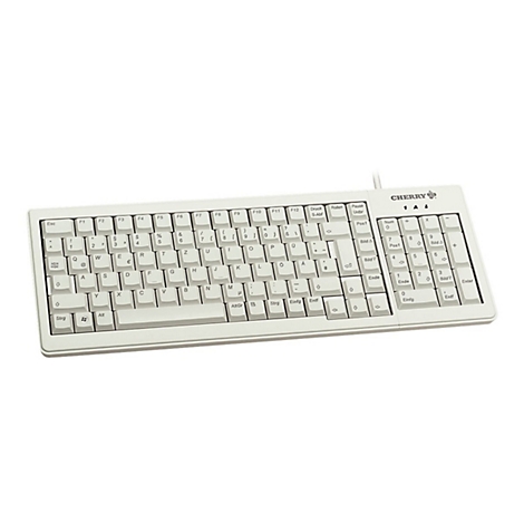 Beige Cherry-Tastatur mit deutschem Layout vor weißem Hintergrund.