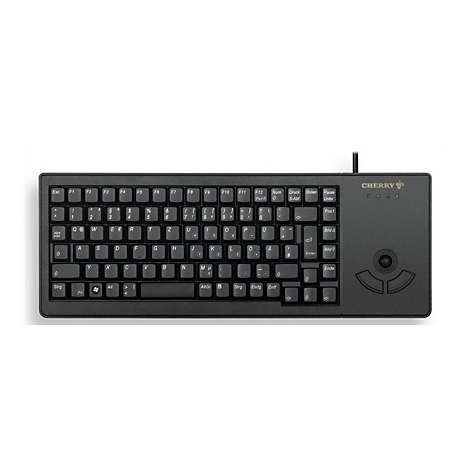 Schwarze Cherry-Tastatur mit eingebautem Trackball und Tastenbeschriftung in weiß. Oben rechts das Cherry-Logo.