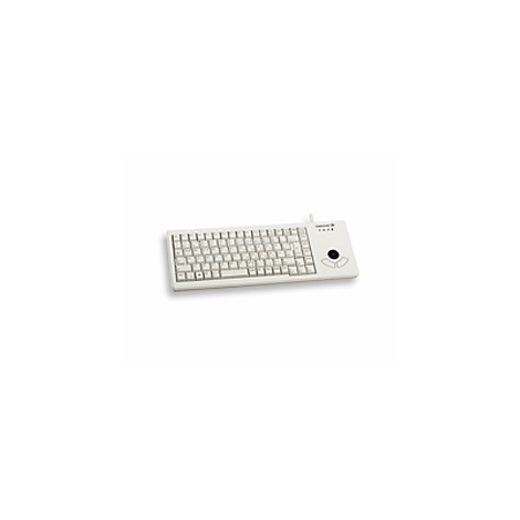 Hellgraue Tastatur mit Trackball und Tasten, Logo "Cherry" rechts oben.