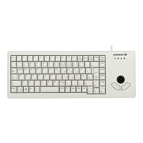 Hellbeige Tastatur mit integrierter Trackball-Maus. Beschriftungen in Schwarz.