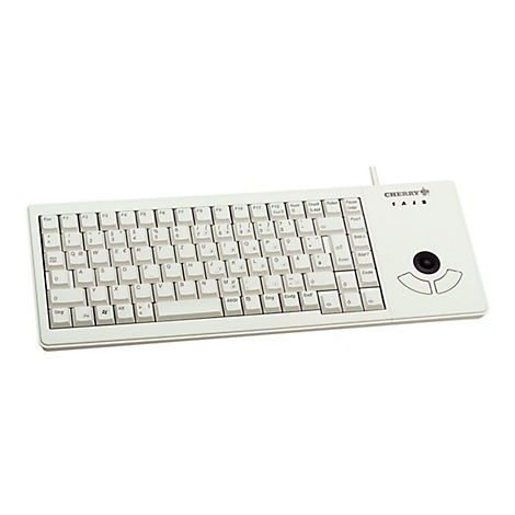 Hellweiße Cherry-Tastatur mit Trackball und Funktionstasten. Aufschrift CHERRY, Tastenbeschriftungen schwarz.