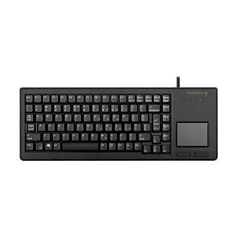 Schwarze Tastatur mit Touchpad. Oben rechts das Logo 'Cherry'.