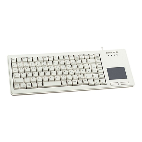 Hellbeige Tastatur mit Touchpad. Beschriftung "Cherry". Buchstaben, Zahlen, Sonderzeichen, Funktionstasten und ein Touchpad sind zu sehen.