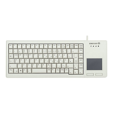 Hellgraue Cherry-Tastatur, integriertes Touchpad rechts. Buchstaben und Sonderzeichen sind klar lesbar. Logo 'CHERRY' oben rechts.