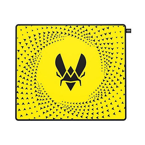 Gelbes Mousepad mit schwarzem Logo und Dreiecks-Muster. Schwarzer Rahmen.