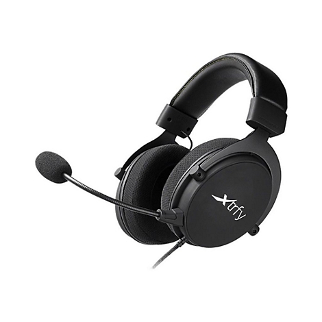 Schwarzes Gaming-Headset mit Mikrofon und weißem Xtrfy-Logo. Der Bügel ist mit gelben Nähten versehen.