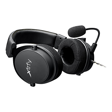 Schwarzes Gaming-Headset mit Mikrofon auf weißem Hintergrund.