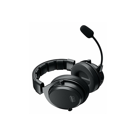 Schwarzes Gaming-Headset mit Mikrofon auf weißem Hintergrund.