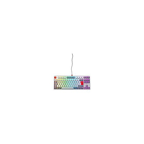 Mechanische Tastatur mit RGB-Beleuchtung. Helle Tasten mit bunten Lichtern, roter Enter-Taste und silberfarbenem Gehäuse.